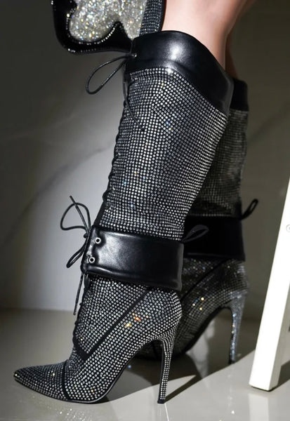Women Fashion Bling Lace Up Knee High Boots