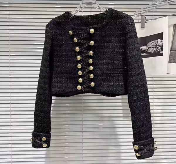 Women Black Gold Button Full Sleeve Blazer Tweed Two Piece Short Set
