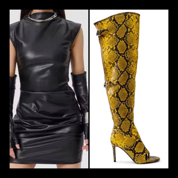 Women Fashion Open Toe Yellow Animal Print Knee High Boots