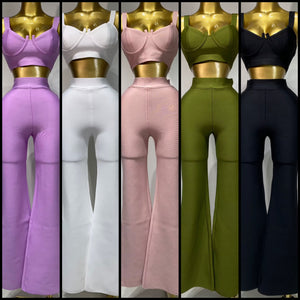 Women Color Sleeveless Sexy Crop Two Piece Pant Set