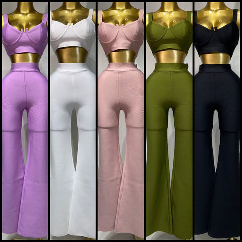 Women Color Sleeveless Sexy Crop Two Piece Pant Set