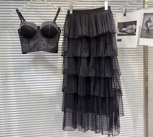 Women Sexy Bling Sleeveless Two Piece Ruffled Mesh Maxi Skirt Set