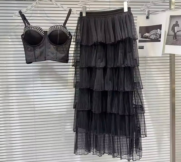 Women Sexy Bling Sleeveless Two Piece Ruffled Mesh Maxi Skirt Set