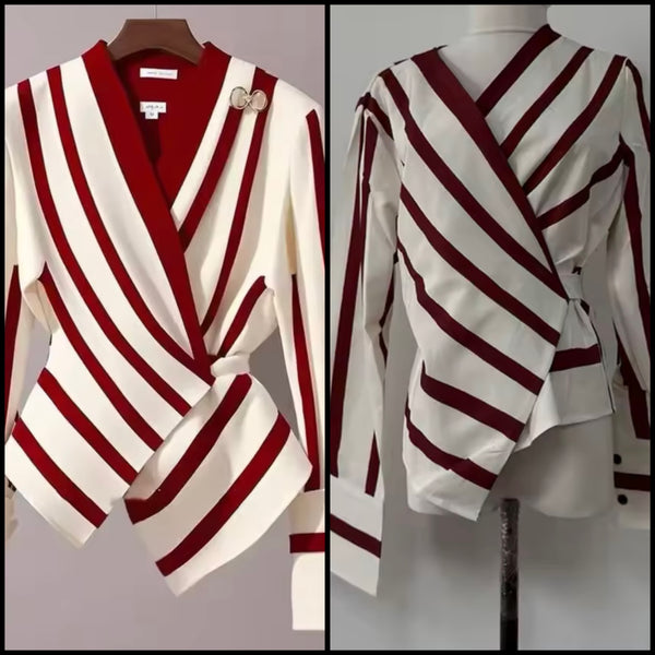 Women Fashion Striped Full Sleeve Wrap Blazer Top