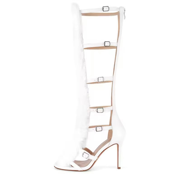 Women Fashion Fur Patchwork Buckled Knee High Sandals