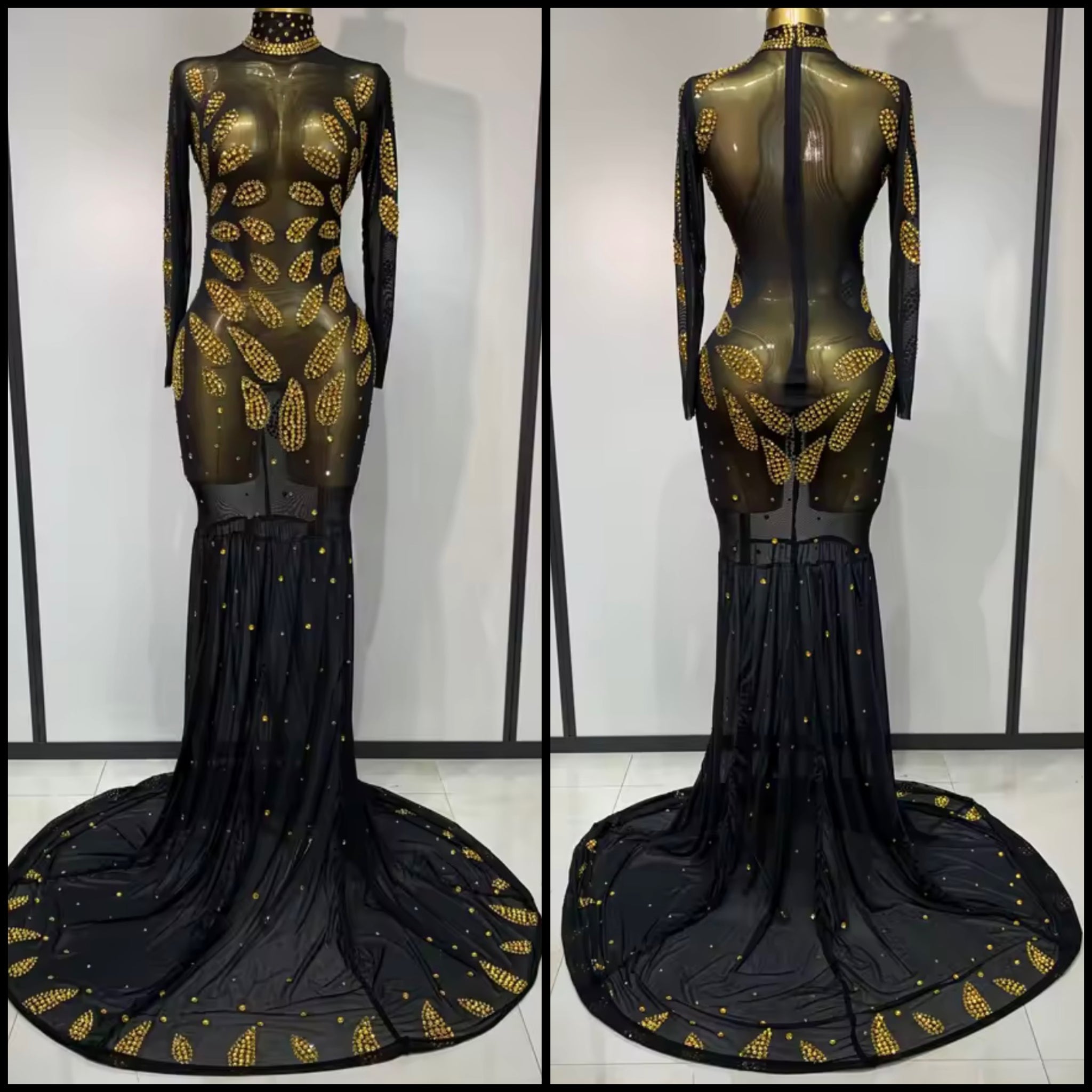 Women Sexy Black Bling Mesh Full Sleeve Maxi Dress