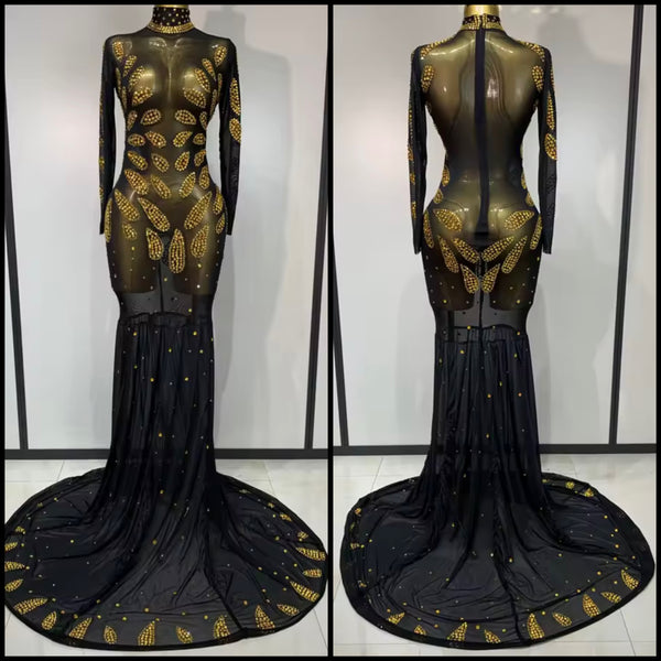 Women Sexy Black Bling Mesh Full Sleeve Maxi Dress