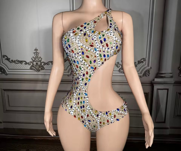 Women Sexy One Shoulder Color Rhinestone Swimsuit