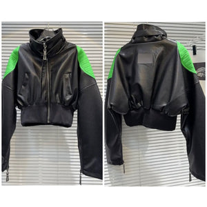 Women Fashion Color Patchwork Faux Leather Jacket