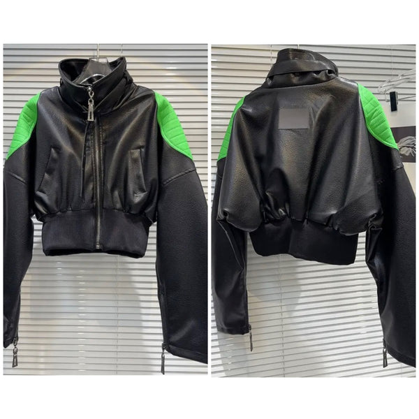 Women Fashion Color Patchwork Faux Leather Jacket