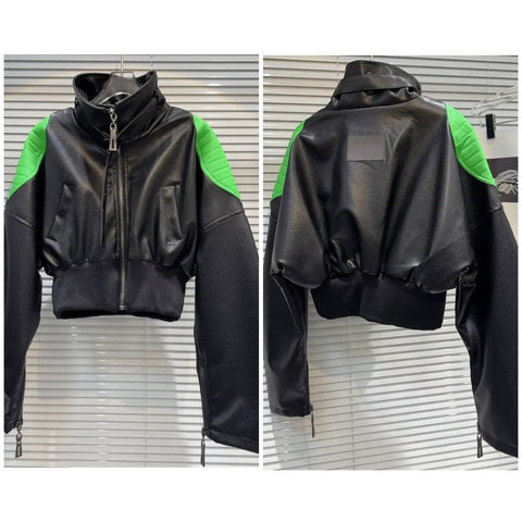Women Fashion Color Patchwork Faux Leather Jacket