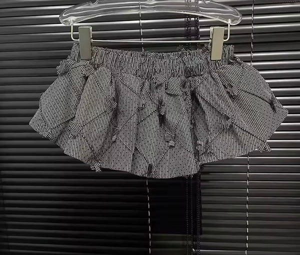 Women Fashion B&W Plaid Bow Short Skirt