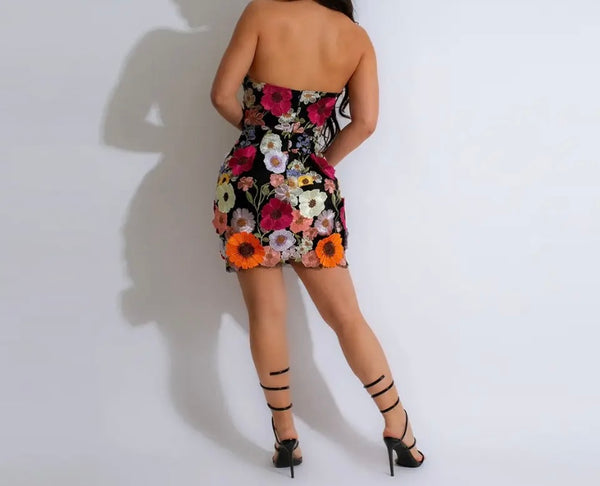 Women Sexy Strapless Floral Mesh Dress