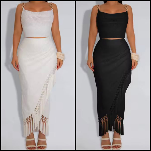 Women Sexy Chain Sleeveless Fringe Two Piece Maxi Skirt Set