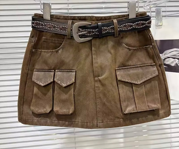 Women Fashion Belted Cargo Short Skirt