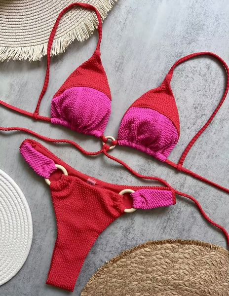 Women Sexy Halter Tie Up Color Patchwork Bikini Swimsuit