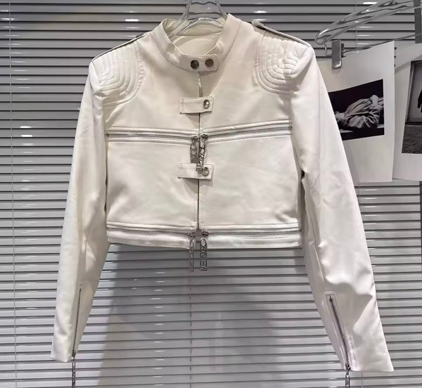 Women Fashion Faux Leather Jacket Two Piece Short Set