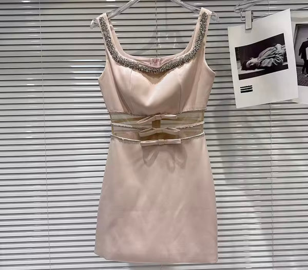 Women Pink Sleeveless Bow Mesh Patchwork Rhinestone Dress