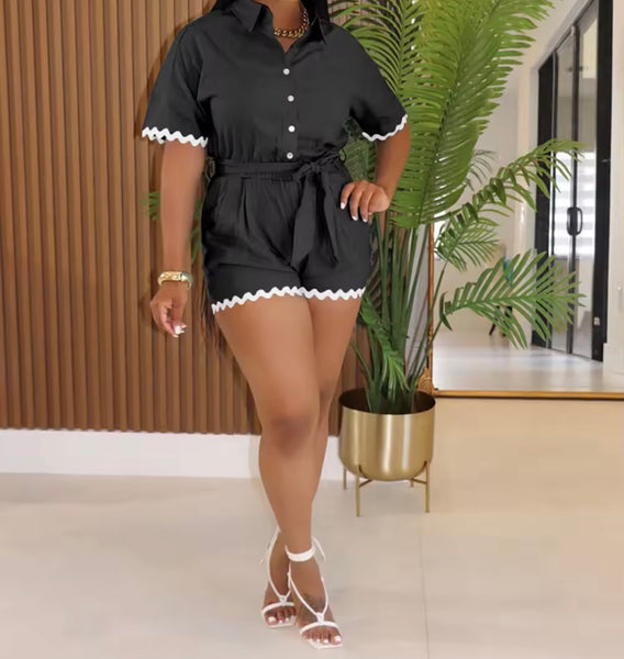 Women Button Up Short Sleeve Color Patchwork Belted Romper