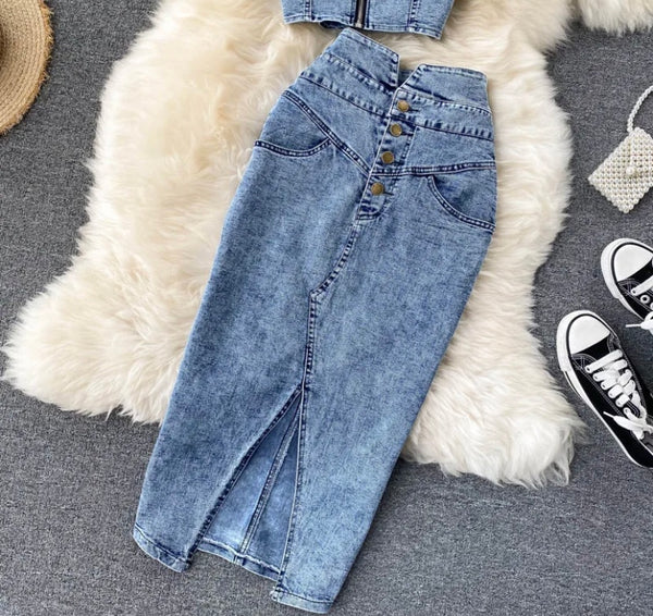 Women Sexy Fashion Zip Up Crop Two Piece Denim Maxi Skirt Set