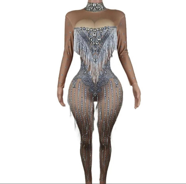 Women Sexy Bling Crystal Tassel Full Sleeve Jumpsuit