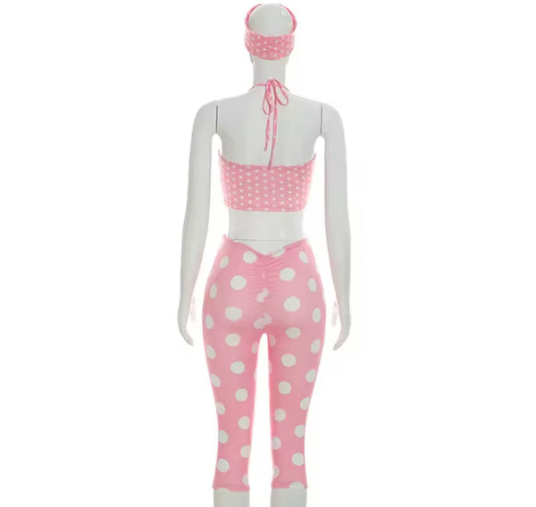 Women Sexy Pink Polka Dot Halter Sleeveless Three Piece Capri Pant Set