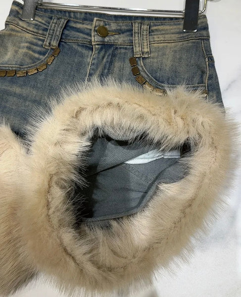 Women Denim Faux Fur Patchwork Fashion Shorts