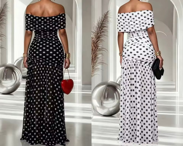 Women Polka Dot Off The Shoulder Front Split Maxi Dress