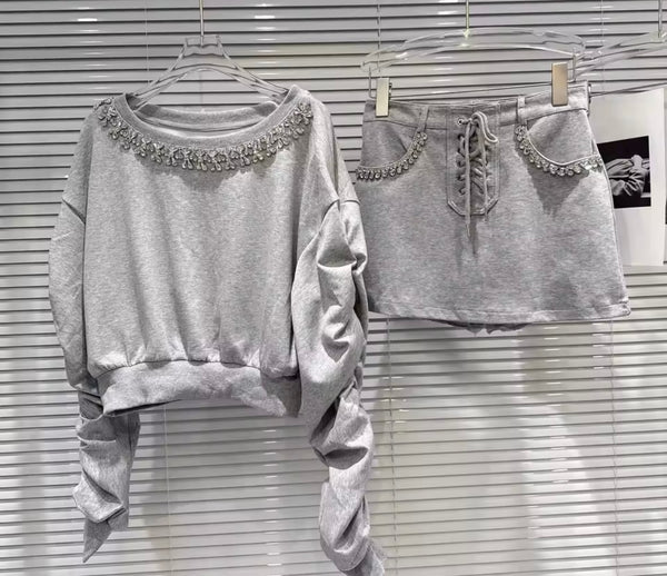 Women Fashion Rhinestone Sweater Two Piece Skirt Set