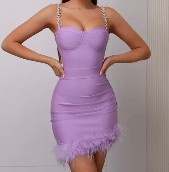 Women Sexy Rhinestone Sleeveless Feather Back Zipper Dress