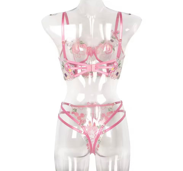Women Sexy Pink Floral Mesh Lingerie Set