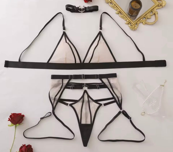 Women B&W Mesh Sexy G-String Lingerie Set