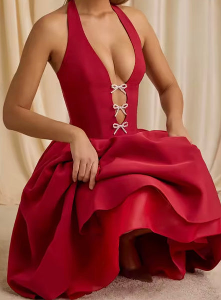 Women Sexy Pearl Bow Cut Out Halter Sleeveless Dress