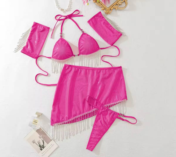 Women Sexy Pink Bling Tassel Five Piece Lingerie Set