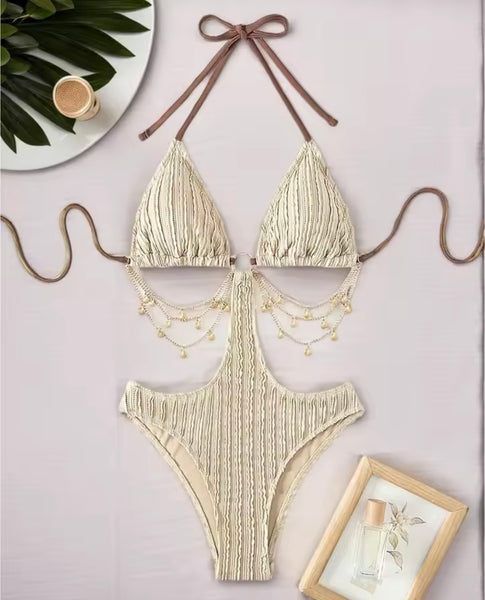 Women Sexy Tie Up Halter Chain Swimsuit