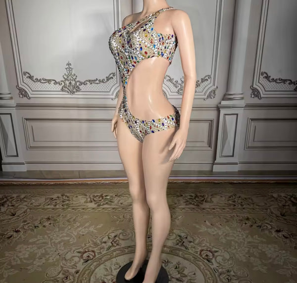 Women Sexy One Shoulder Color Rhinestone Swimsuit