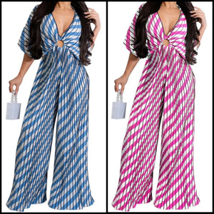 Women Sexy Striped V-Neck Short Sleeve Wide Leg Jumpsuit