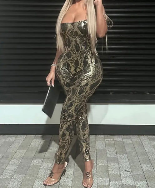 Women Sexy Sleeveless Animal Print Open Back Jumpsuit