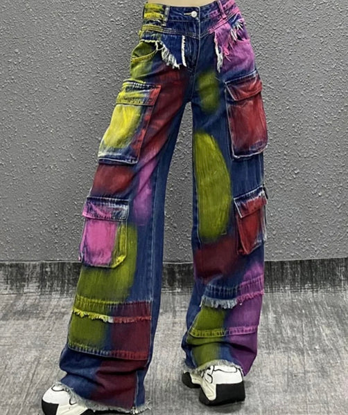 Women Fashion Color Patchwork Cargo Denim Wide Leg Pants