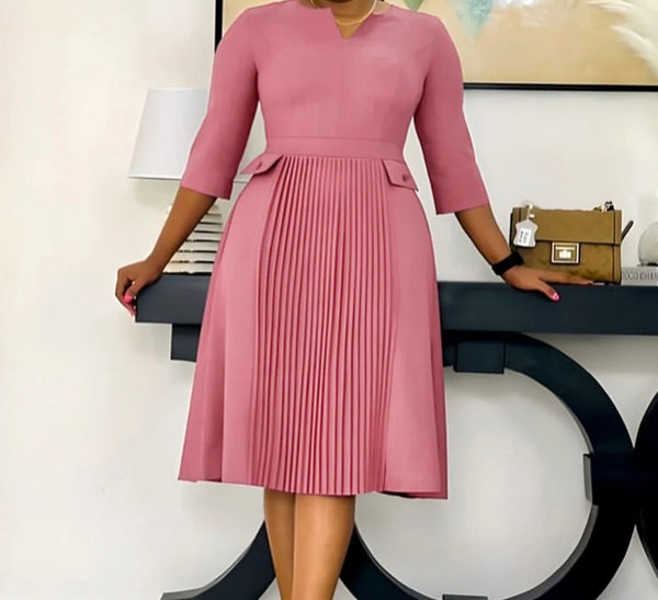 Women Solid Color Full Sleeve Pleated Dress