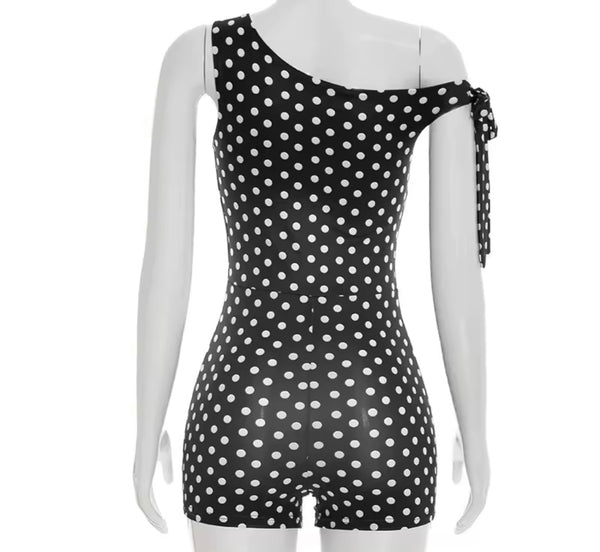 Women Sexy One Shoulder Sleeveless Polka Dot Romper
