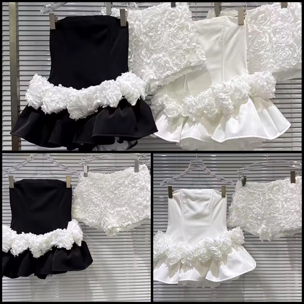 Women Sexy Strapless 3D Floral Shorts Two Piece  Dress Set