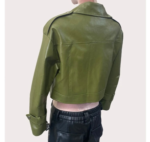Women Fashion Green Zip Up Faux Leather Crop Jacket