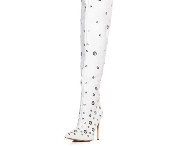 Women White Silver Metal Patchwork Knee High Boots