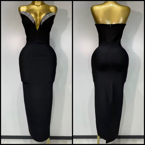 Women Black Strapless V-Neck Bling Bandage Sexy Maxi Dress