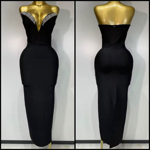 Women Black Strapless V-Neck Bling Bandage Sexy Maxi Dress