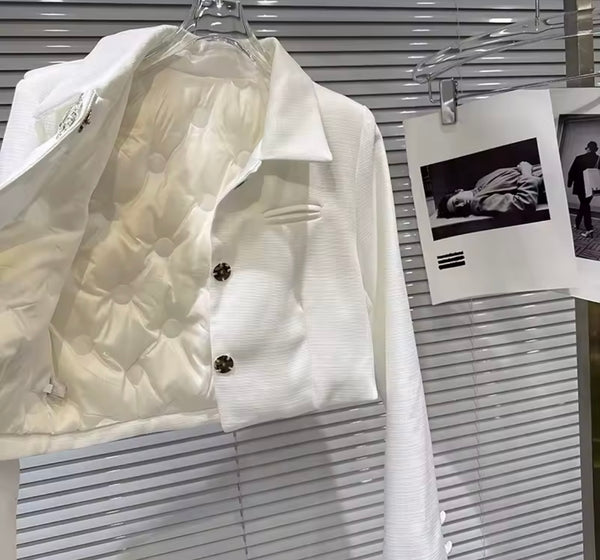 Women White Quilted Bling Button Up Blazer Two Piece Short Set
