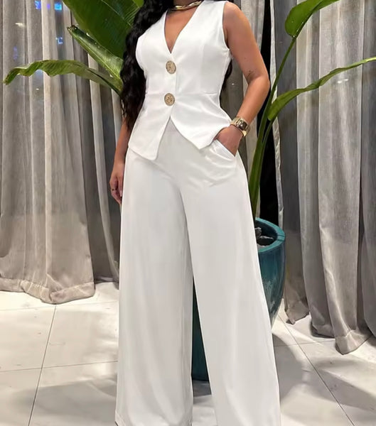 Women Button Up Sleeveless Blazer Vest Two Piece Pant Set