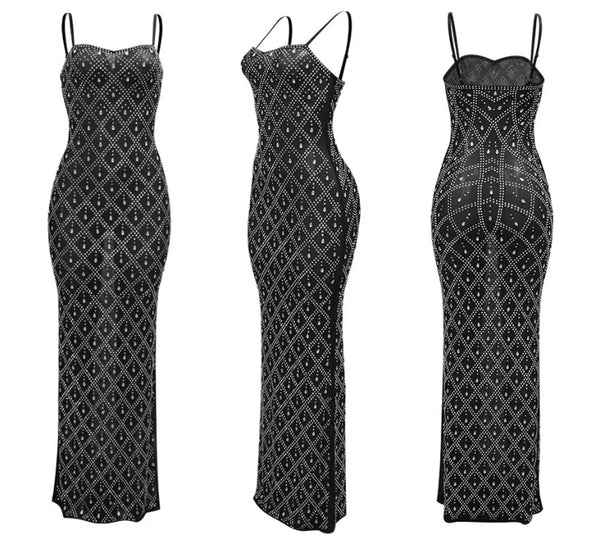 Women Sexy Sleeveless Bling Crystal Mesh Maxi Dress