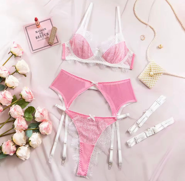 Women Sexy Pink & White Lace Mesh Lingerie Set